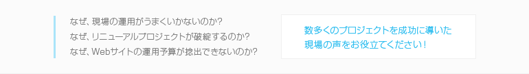 数多くのプロジェクトを成功に導いた現場の声をお役立てください！